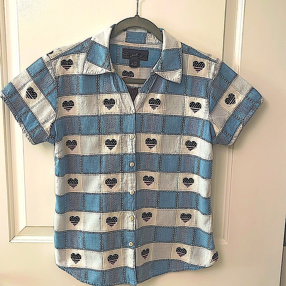 AMERICAN STYLE Blouse/ hearts/ Flags/ button down/ Cotton/ short sleeve
